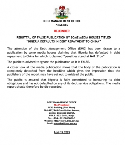 Rebuttal of False Publication by Some Media Houses Titled &quot;Nigeria Defaults in Debt Repayment to China&quot;