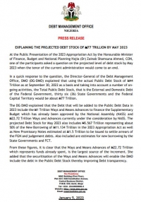 Press Release: Explaining The Projected Debt Stock of N77 Trillion By May 2023